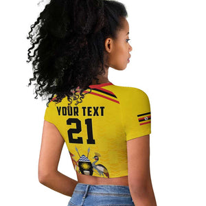 Custom Africa Cricket Uganda Raglan Cropped T shirt Cranes Cricket Ball Fire - African Pride