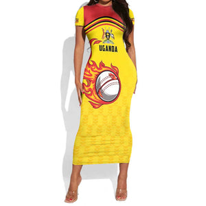 Custom Africa Cricket Uganda Short Sleeve Bodycon Dress Cranes Cricket Ball Fire - African Pride