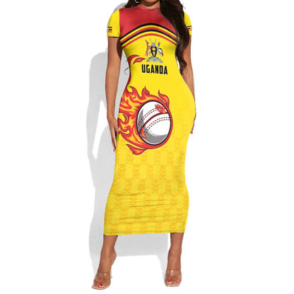 Custom Africa Cricket Uganda Short Sleeve Bodycon Dress Cranes Cricket Ball Fire - African Pride