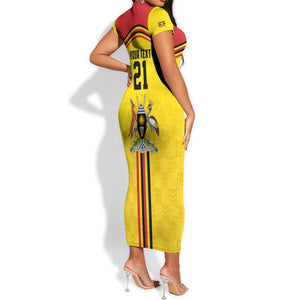 Custom Africa Cricket Uganda Short Sleeve Bodycon Dress Cranes Cricket Ball Fire - African Pride