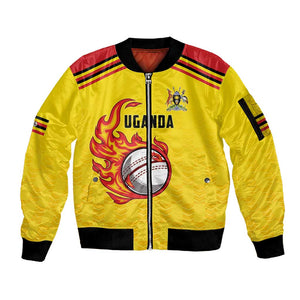 Custom Africa Cricket Uganda Sleeve Zip Bomber Jacket Cranes Cricket Ball Fire - African Pride