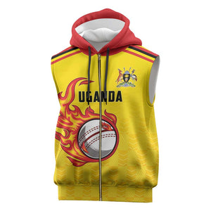 Custom Africa Cricket Uganda Sleeveless Zip Hoodie Cranes Cricket Ball Fire - African Pride