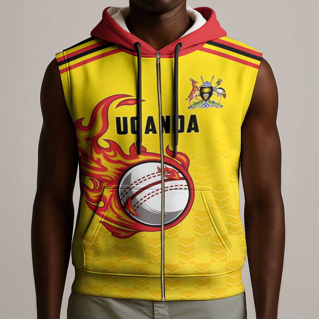 Custom Africa Cricket Uganda Sleeveless Zip Hoodie Cranes Cricket Ball Fire - African Pride
