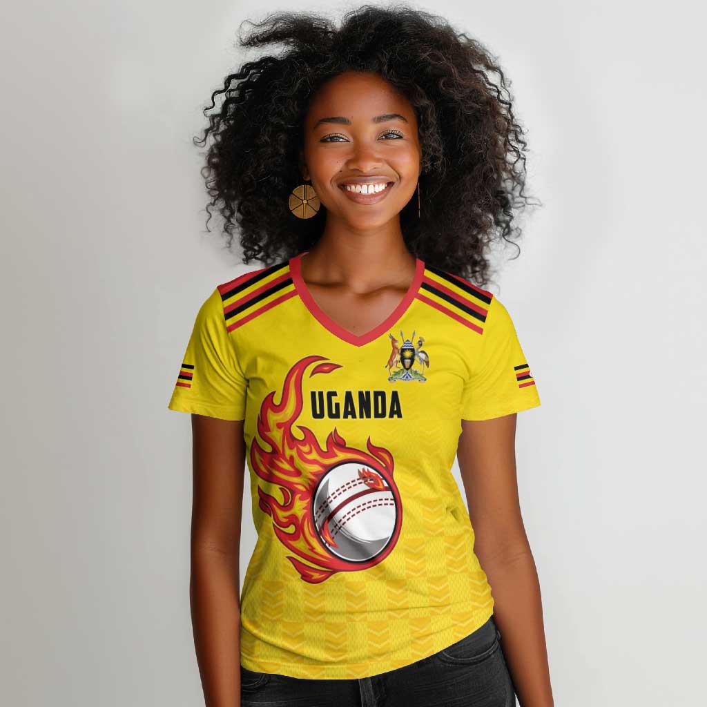 Custom Africa Cricket Uganda Women V-Neck T-Shirt Cranes Cricket Ball Fire - African Pride