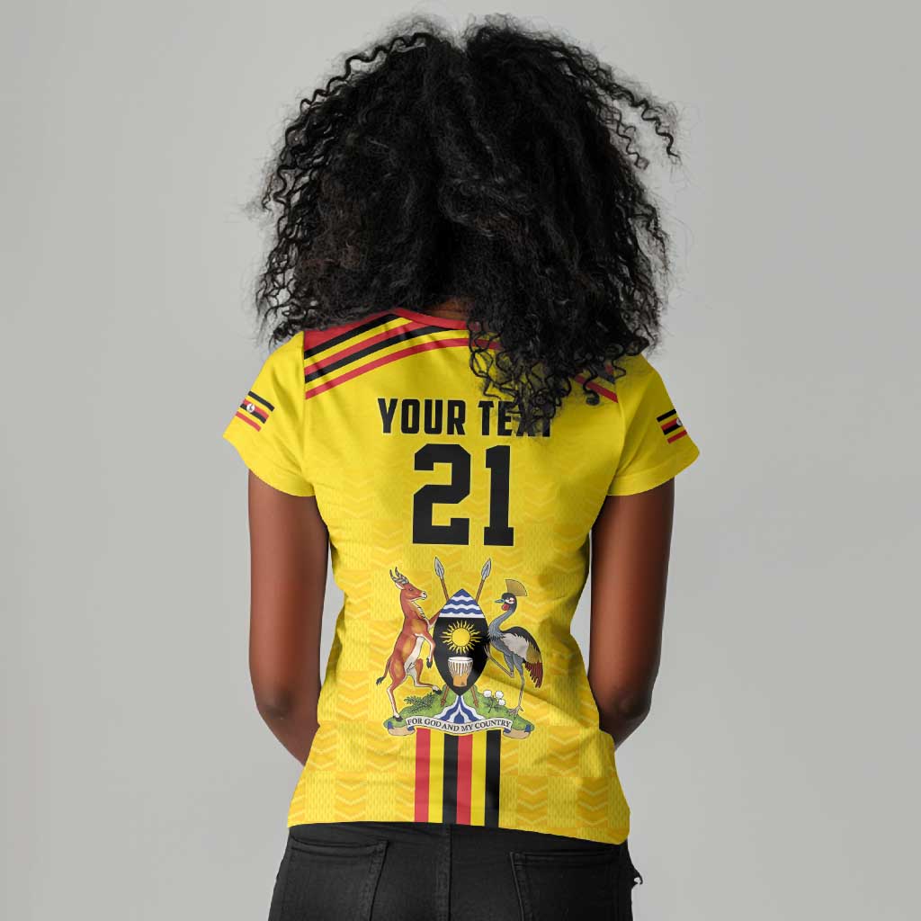Custom Africa Cricket Uganda Women V-Neck T-Shirt Cranes Cricket Ball Fire - African Pride