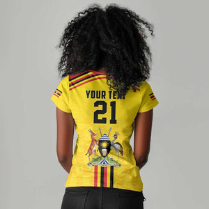Custom Africa Cricket Uganda Women V-Neck T-Shirt Cranes Cricket Ball Fire - African Pride