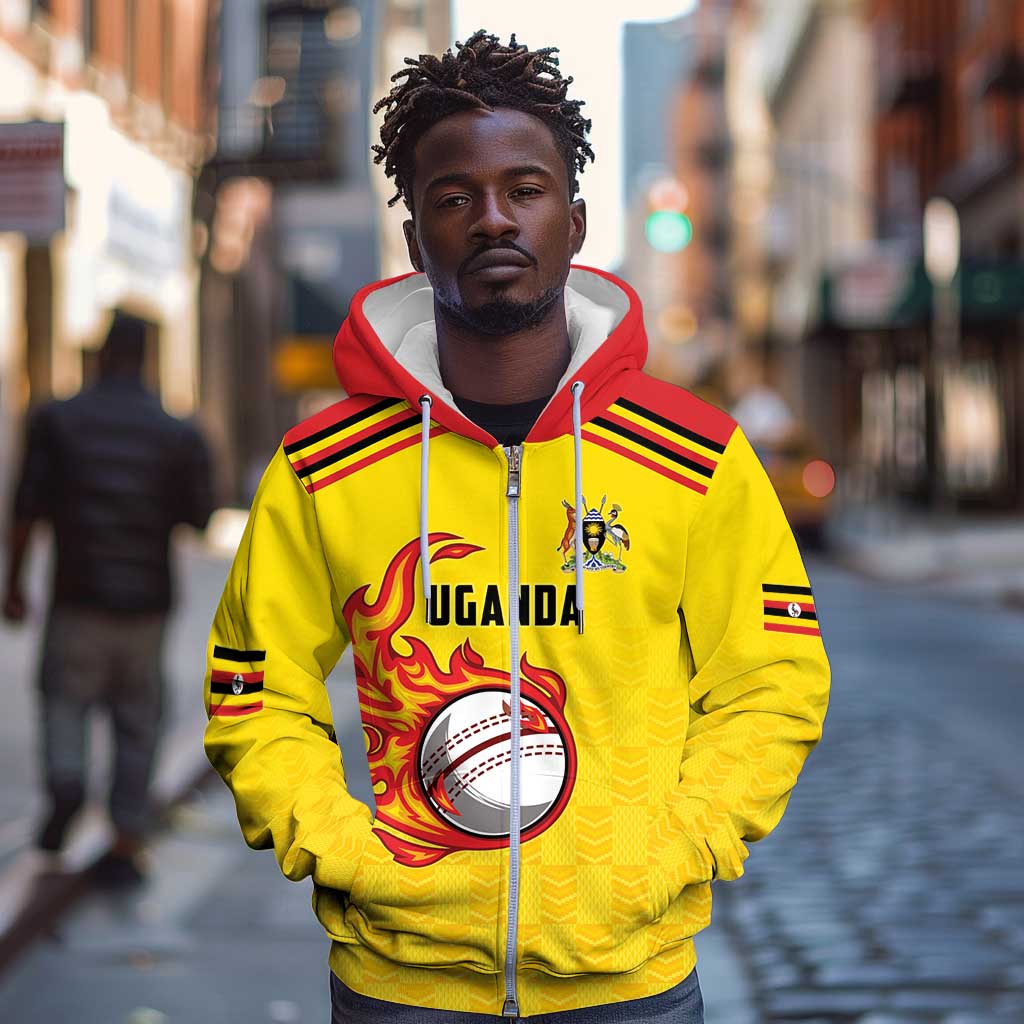 Custom Africa Cricket Uganda Zip Hoodie Cranes Cricket Ball Fire - African Pride
