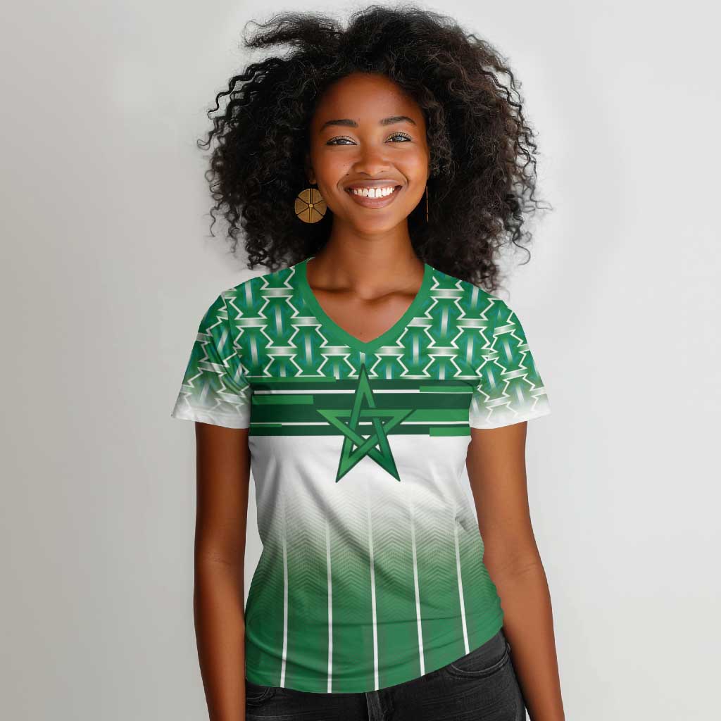 World Football Morocco Custom Women V-Neck T-Shirt 1994 Away Retro Green Jersey - African Pride