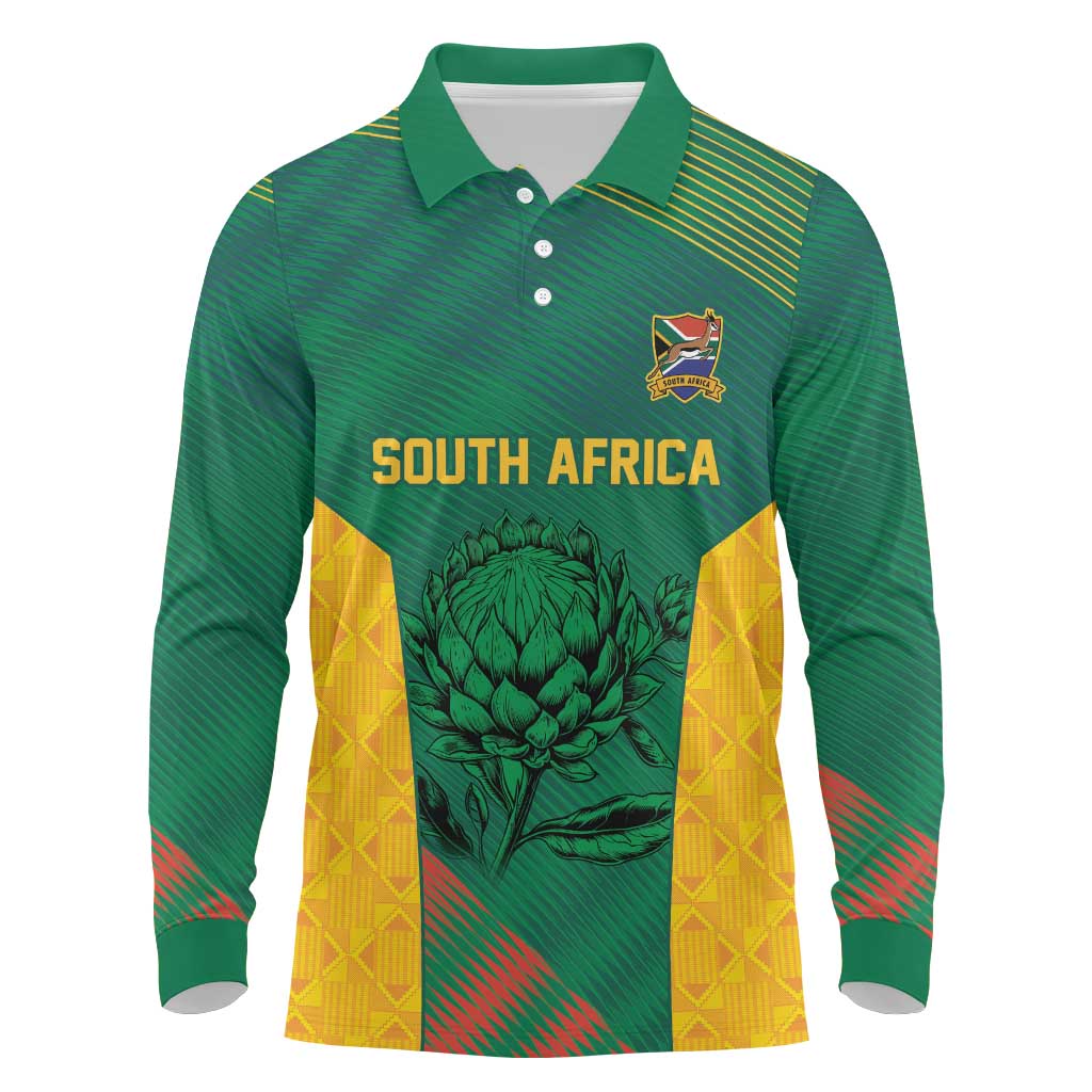 World Football 2026 South Africa Custom Long Sleeve Polo Shirt Tradional Protea Kente Pattern - African Pride