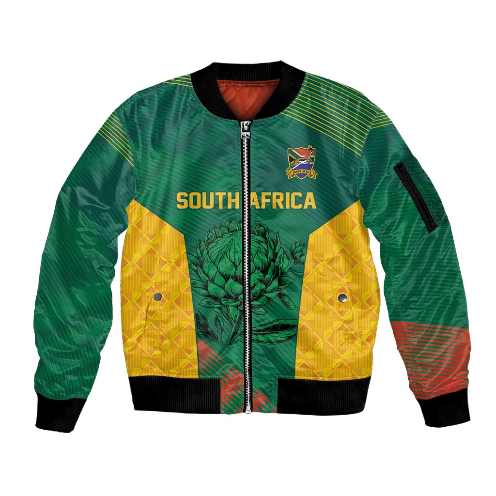 World Football 2026 South Africa Custom Sleeve Zip Bomber Jacket Tradional Protea Kente Pattern - African Pride