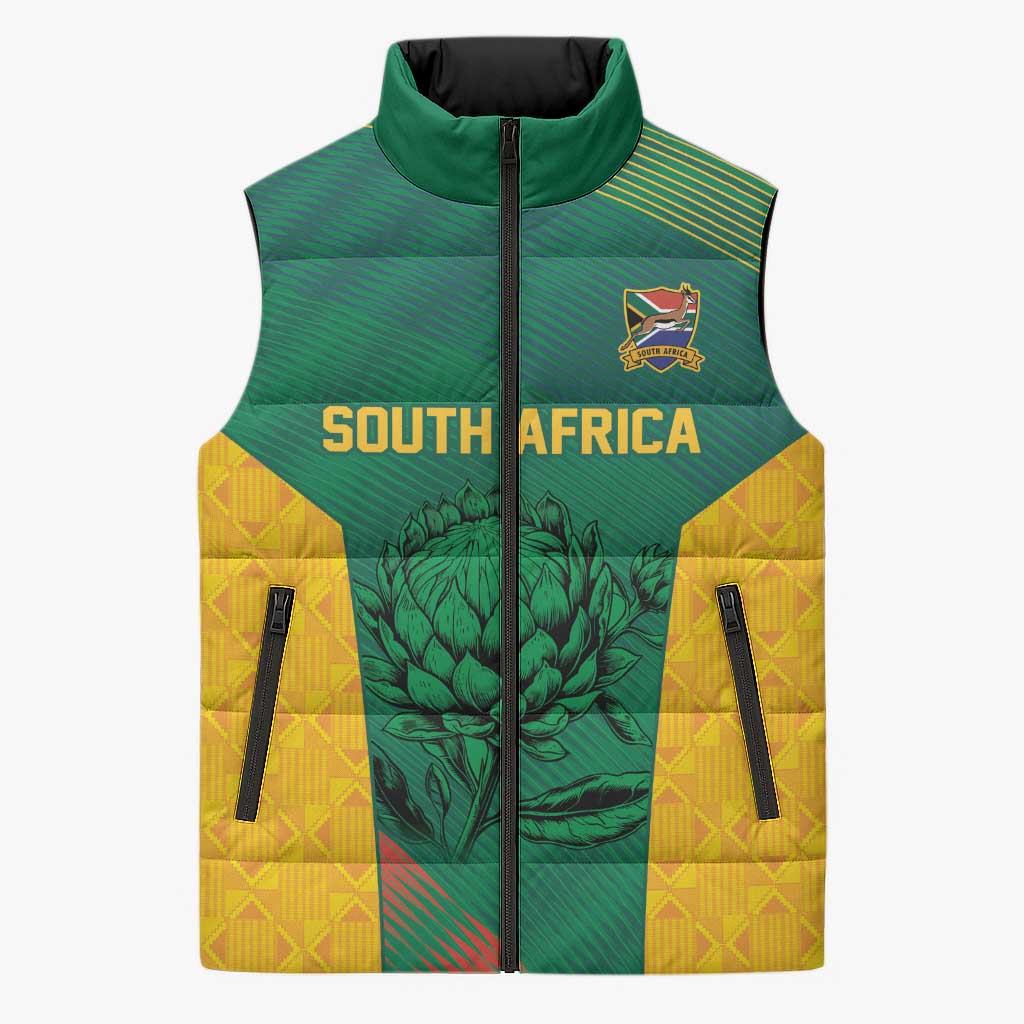 World Football 2026 South Africa Custom Sleeveless Puffer Jacket Tradional Protea Kente Pattern - African Pride