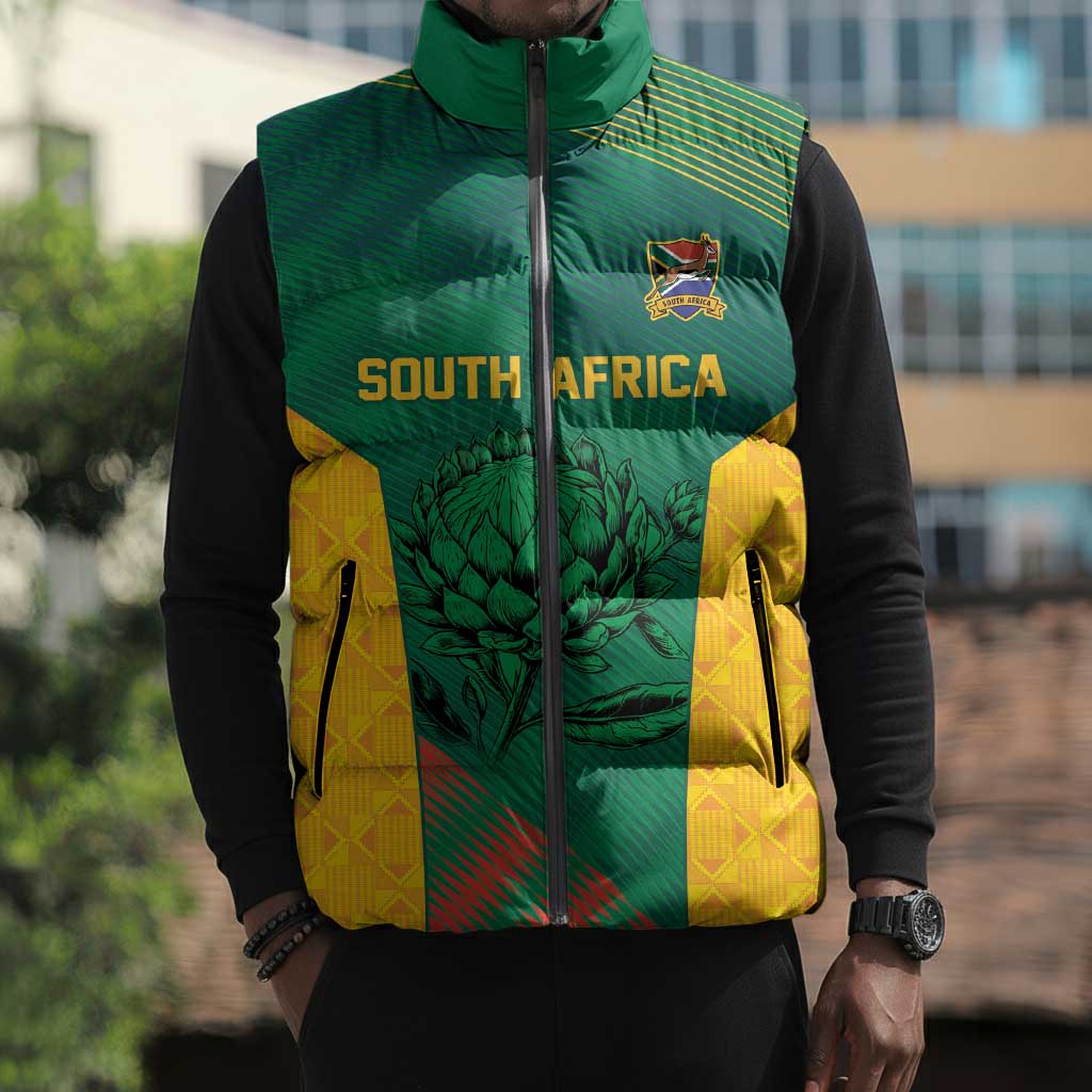 World Football 2026 South Africa Custom Sleeveless Puffer Jacket Tradional Protea Kente Pattern - African Pride