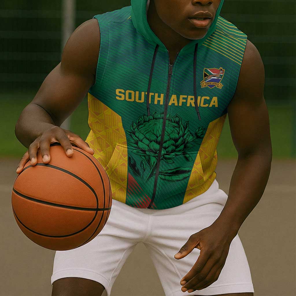 World Football 2026 South Africa Custom Sleeveless Zip Hoodie Tradional Protea Kente Pattern - African Pride