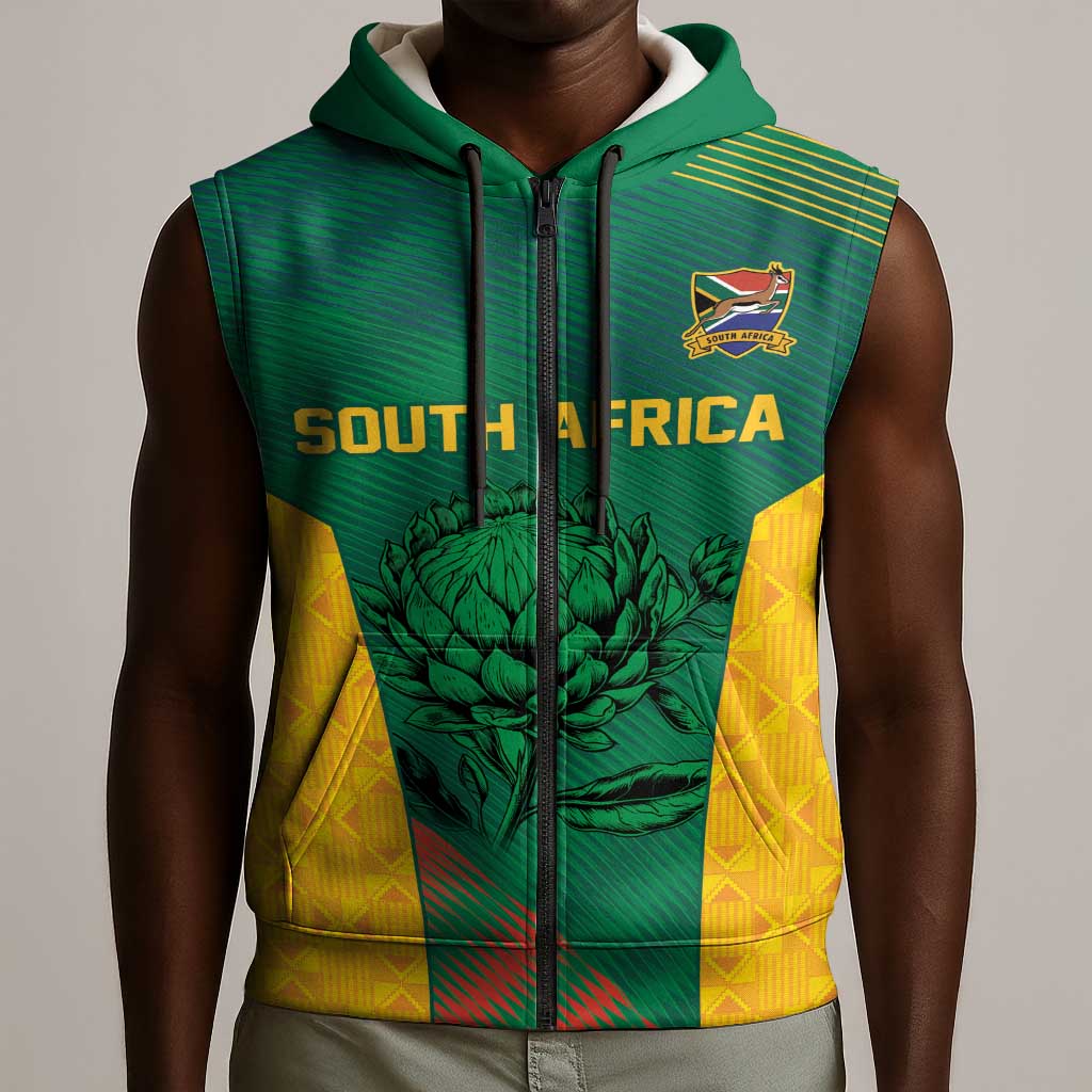 World Football 2026 South Africa Custom Sleeveless Zip Hoodie Tradional Protea Kente Pattern - African Pride