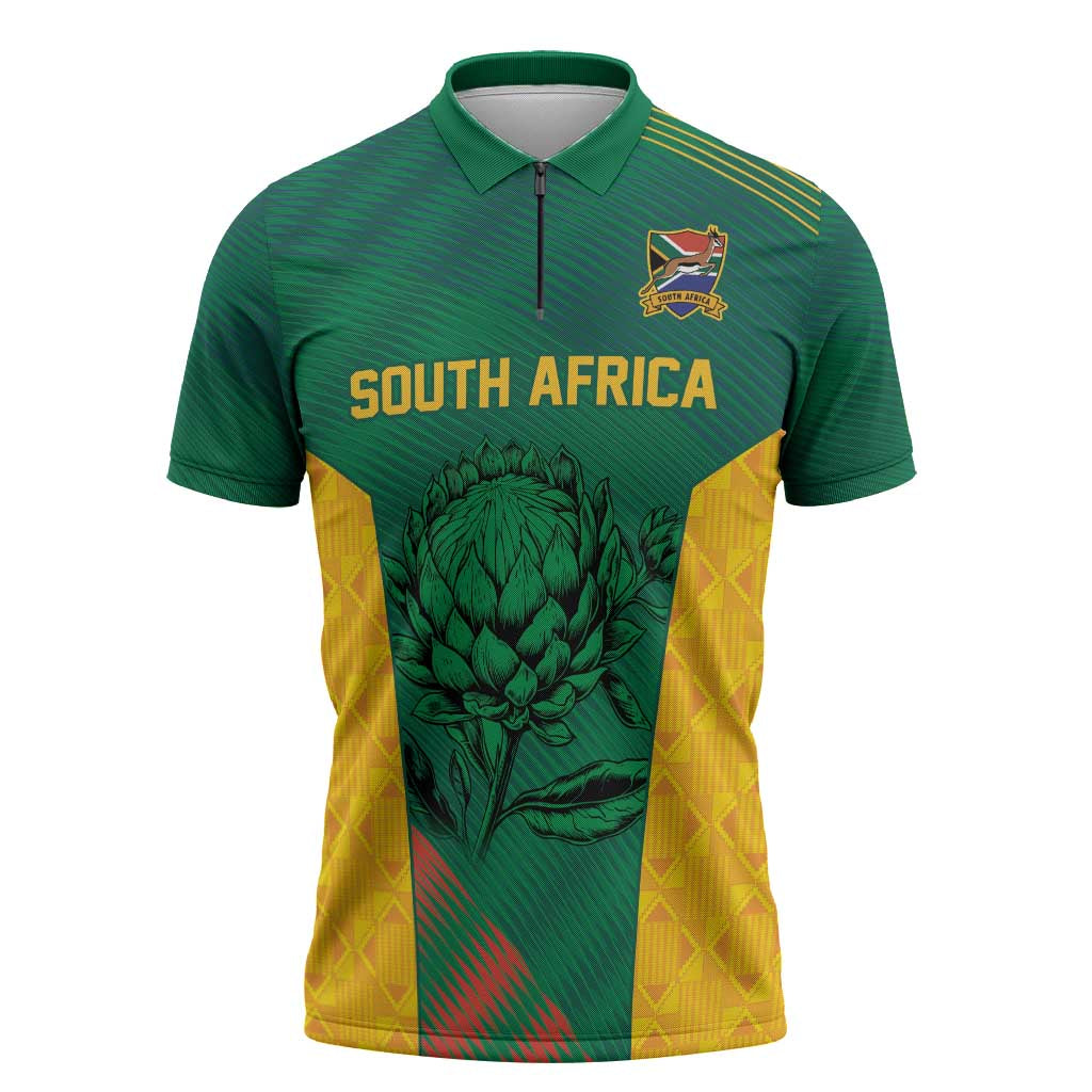 World Football 2026 South Africa Custom Zipper Polo Shirt Tradional Protea Kente Pattern - African Pride
