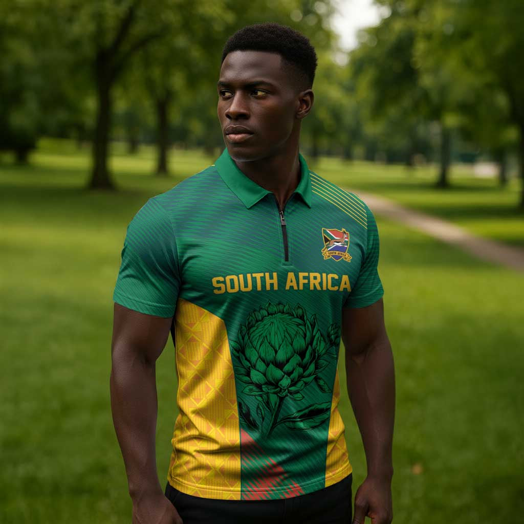 World Football 2026 South Africa Custom Zipper Polo Shirt Tradional Protea Kente Pattern - African Pride
