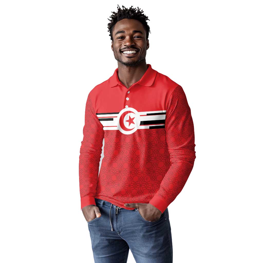 World Football 2026 Tunisia Custom Long Sleeve Polo Shirt Traditional Islamic Motif - African Pride