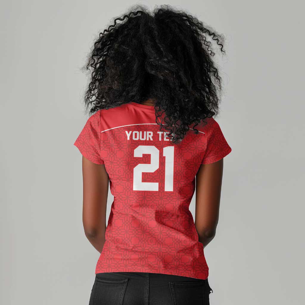 World Football 2026 Tunisia Custom Women V-Neck T-Shirt Traditional Islamic Motif - African Pride