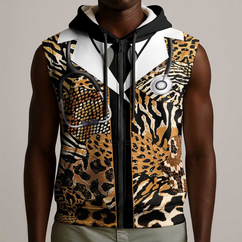 Proud Black Nurse RN Sleeveless Zip Hoodie African Stethoscope Animal Skins Pattern