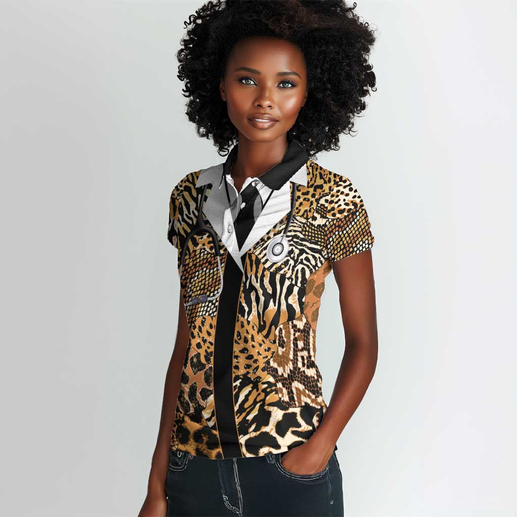 Proud Black Nurse RN Women Polo Shirt African Stethoscope Animal Skins Pattern