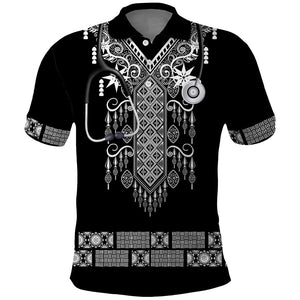 Proud Black Nurse RN Polo Shirt Black African Pattern Stethoscope Dashiki Motif
