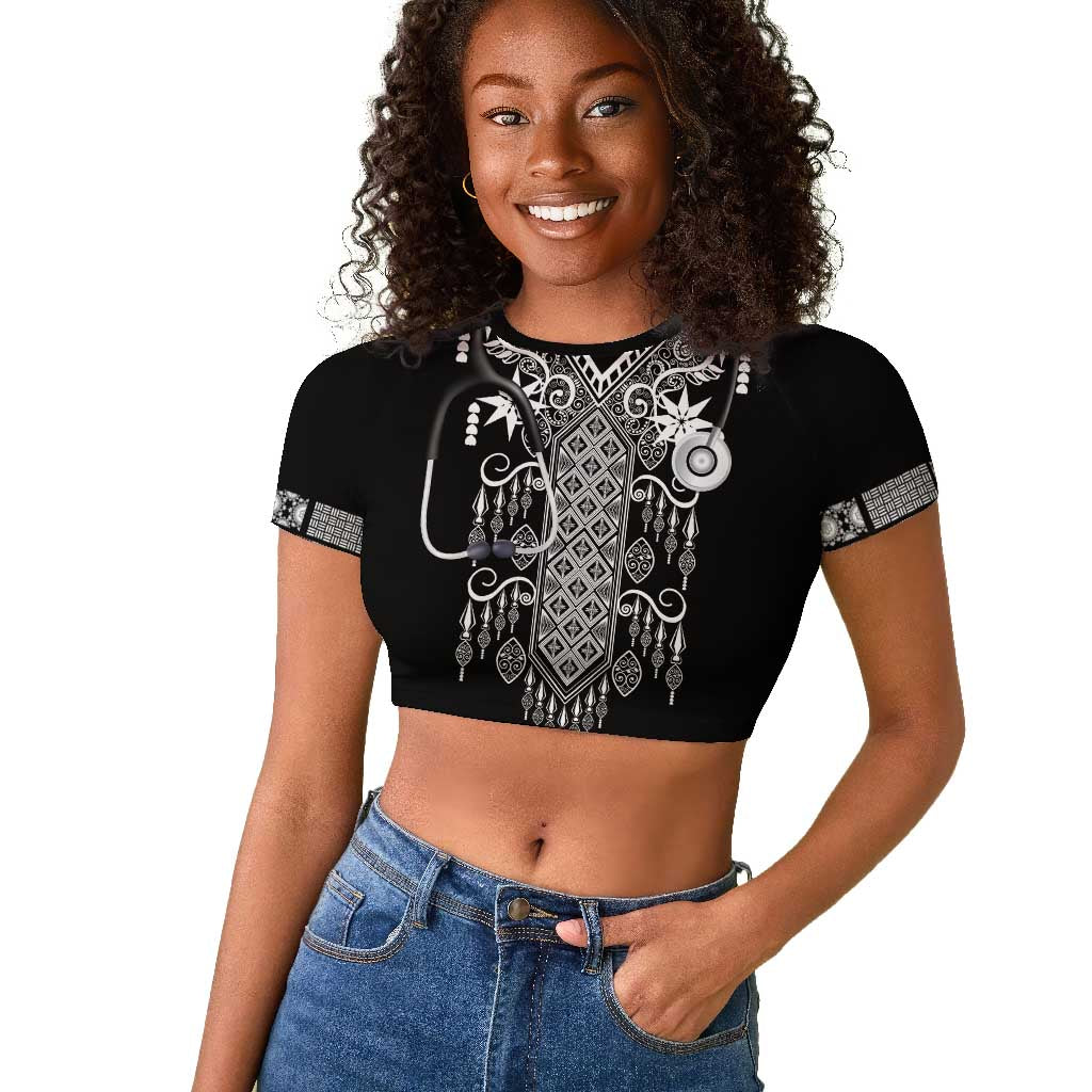 Proud Black Nurse RN Raglan Cropped T shirt Black African Pattern Stethoscope Dashiki Motif