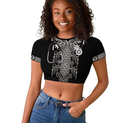 Proud Black Nurse RN Raglan Cropped T shirt Black African Pattern Stethoscope Dashiki Motif
