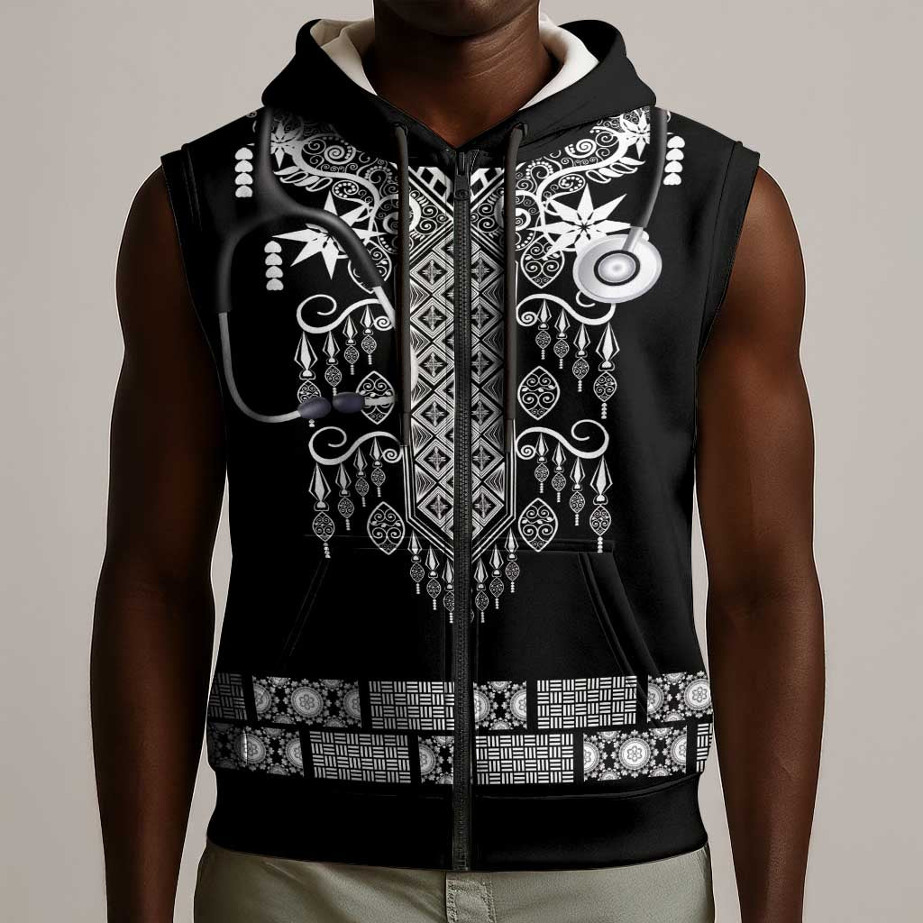 Proud Black Nurse RN Sleeveless Zip Hoodie Black African Pattern Stethoscope Dashiki Motif
