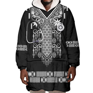 Proud Black Nurse RN Wearable Blanket Hoodie Black African Pattern Stethoscope Dashiki Motif