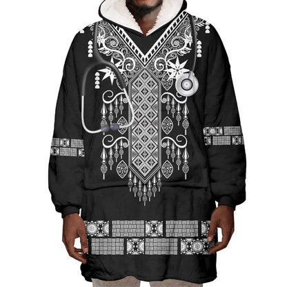 Proud Black Nurse RN Wearable Blanket Hoodie Black African Pattern Stethoscope Dashiki Motif