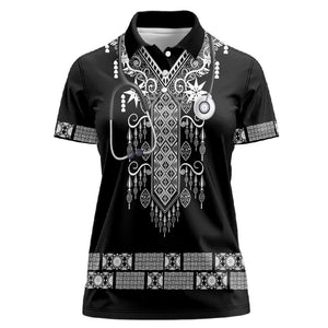 Proud Black Nurse RN Women Polo Shirt Black African Pattern Stethoscope Dashiki Motif