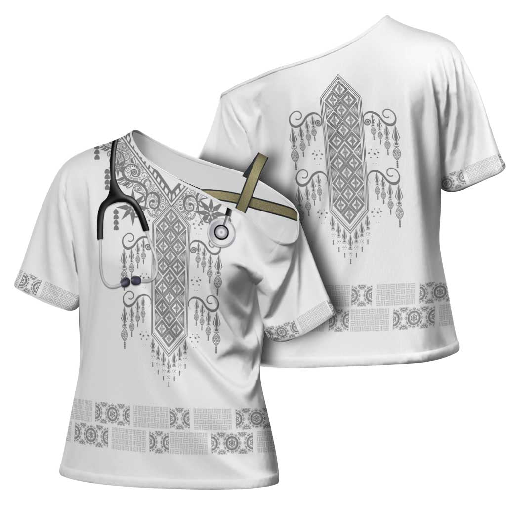 Proud Black Nurse RN Cross Shoulder Shirt White African Pattern Stethoscope Dashiki Motif