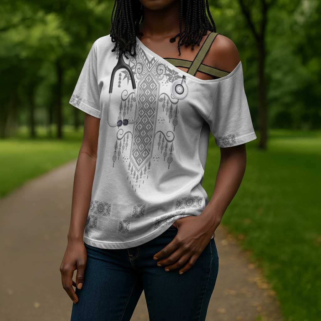 Proud Black Nurse RN Cross Shoulder Shirt White African Pattern Stethoscope Dashiki Motif