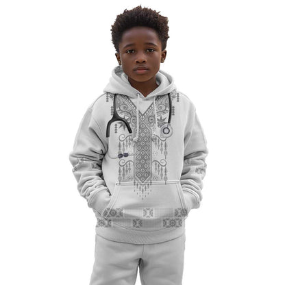 Proud Black Nurse RN Kid Hoodie White African Pattern Stethoscope Dashiki Motif