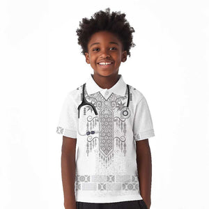 Proud Black Nurse RN Kid Polo Shirt White African Pattern Stethoscope Dashiki Motif