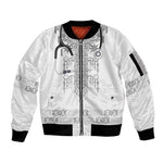 Proud Black Nurse RN Sleeve Zip Bomber Jacket White African Pattern Stethoscope Dashiki Motif