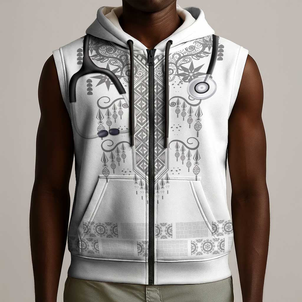 Proud Black Nurse RN Sleeveless Zip Hoodie White African Pattern Stethoscope Dashiki Motif