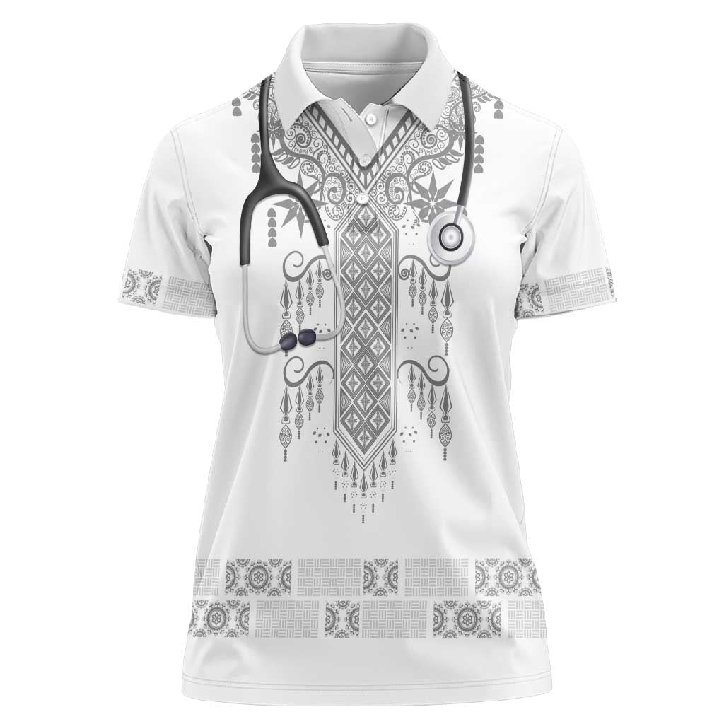 Proud Black Nurse RN Women Polo Shirt White African Pattern Stethoscope Dashiki Motif