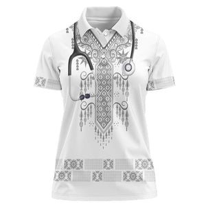 Proud Black Nurse RN Women Polo Shirt White African Pattern Stethoscope Dashiki Motif