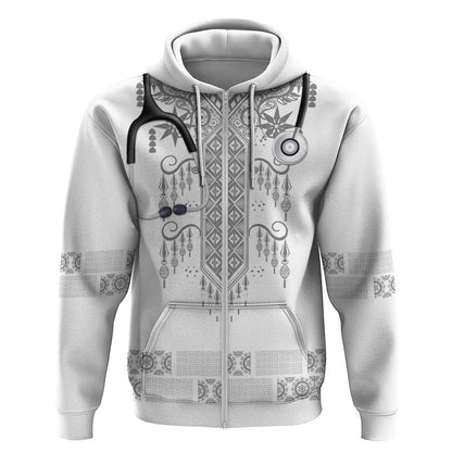 Proud Black Nurse RN Zip Hoodie White African Pattern Stethoscope Dashiki Motif