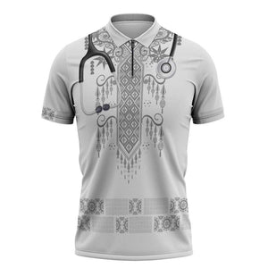 Proud Black Nurse RN Zipper Polo Shirt White African Pattern Stethoscope Dashiki Motif