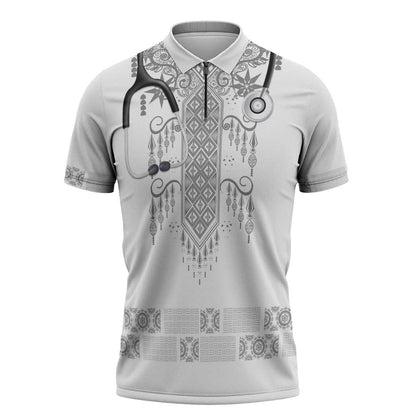 Proud Black Nurse RN Zipper Polo Shirt White African Pattern Stethoscope Dashiki Motif