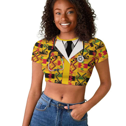 Proud Black Nurse RN Raglan Cropped T shirt African Stethoscope Kente Pattern