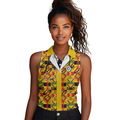 Proud Black Nurse RN Women Sleeveless Polo Shirt African Stethoscope Kente Pattern