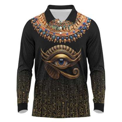Egypt Eyes Of Horus Long Sleeve Polo Shirt with Egyptian Hieroglyphs