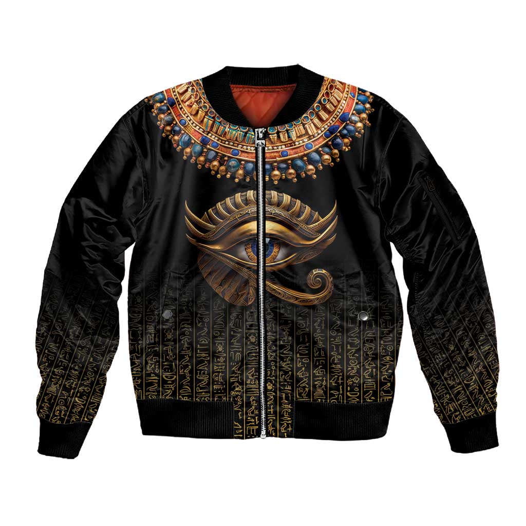 Egypt Eyes Of Horus Sleeve Zip Bomber Jacket with Egyptian Hieroglyphs