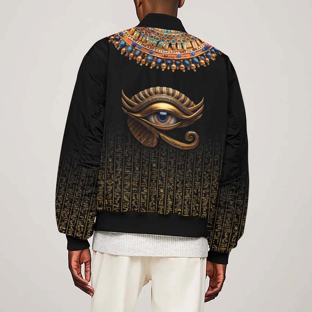 Egypt Eyes Of Horus Sleeve Zip Bomber Jacket with Egyptian Hieroglyphs