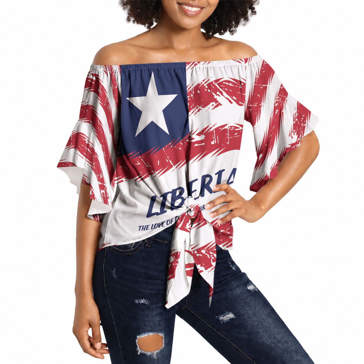 Personalized Liberia Lone Star Flag Off Shoulder Wrap Waist Top