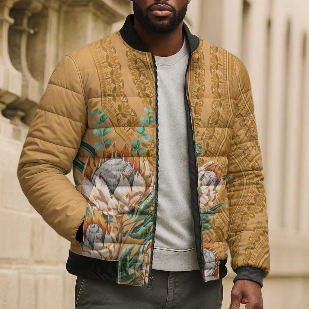 Africa King Proteas Dashiki Motif Bomber Puffer Jacket Gold Style