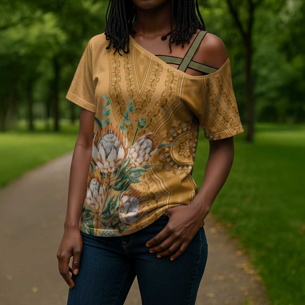 Africa King Proteas Dashiki Motif Cross Shoulder Shirt Gold Style